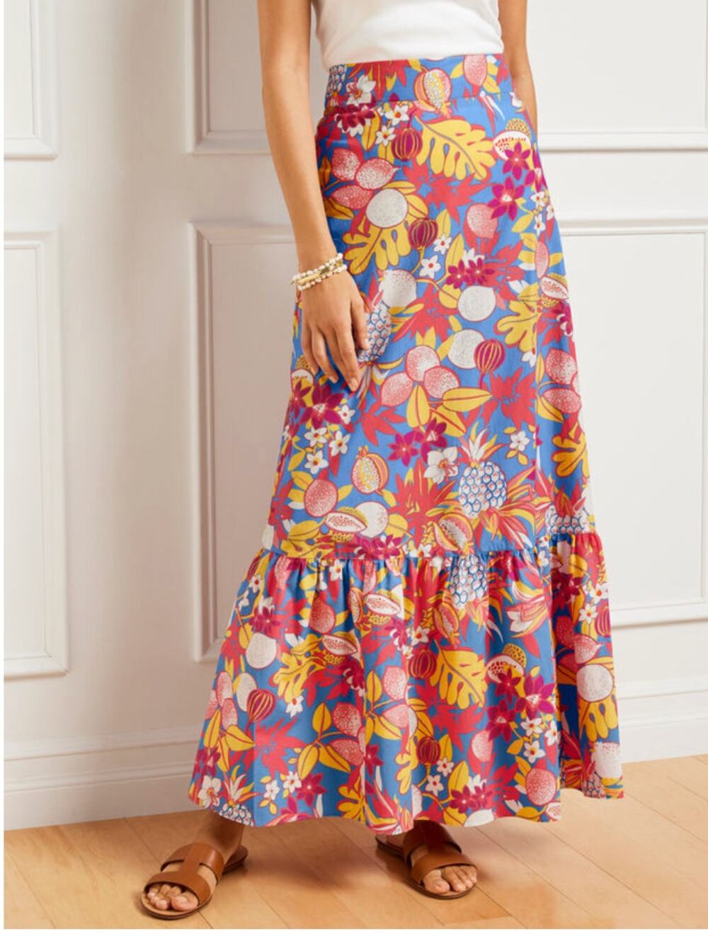 TALBOTS Fruits & Flowers Poplin Tiered Maxi Skirt // L